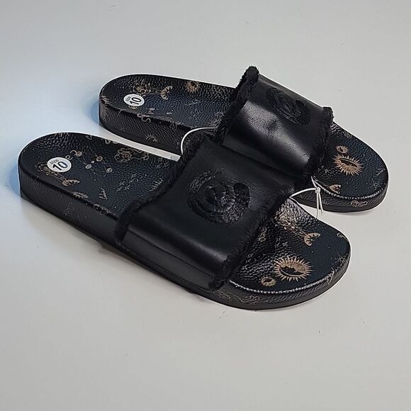 NEW 10 JOHNNY WAS CALM LEATHER BLACK TAN ASTROLOGY SLIP ON SLIDES SANDALS 41 NWT - Picture 1 of 5